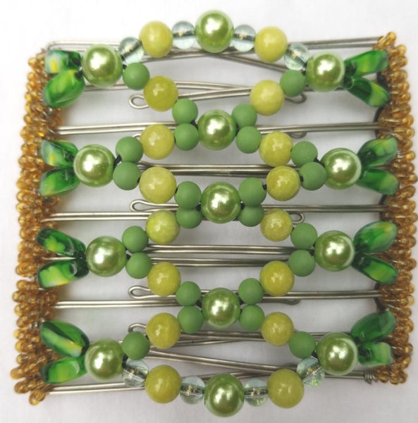 Thick hair 9 tooth, green kiwi mix of pearl and glass beads
