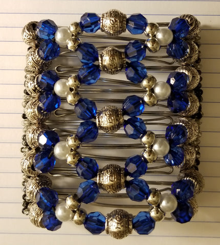 9 tooth - fabulous saphire blue beads and white pearl,  custom for thick hair or fine, or medium hair. Please   specify your thickness of hair, and length of hair.