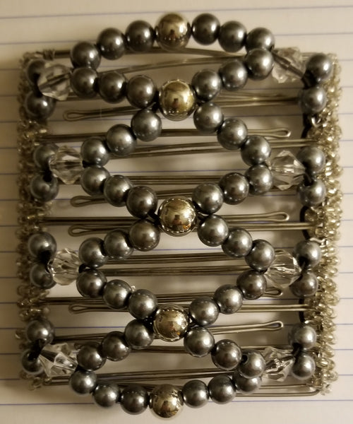 9 tooth pearl mix metal hair comb - gray and silver